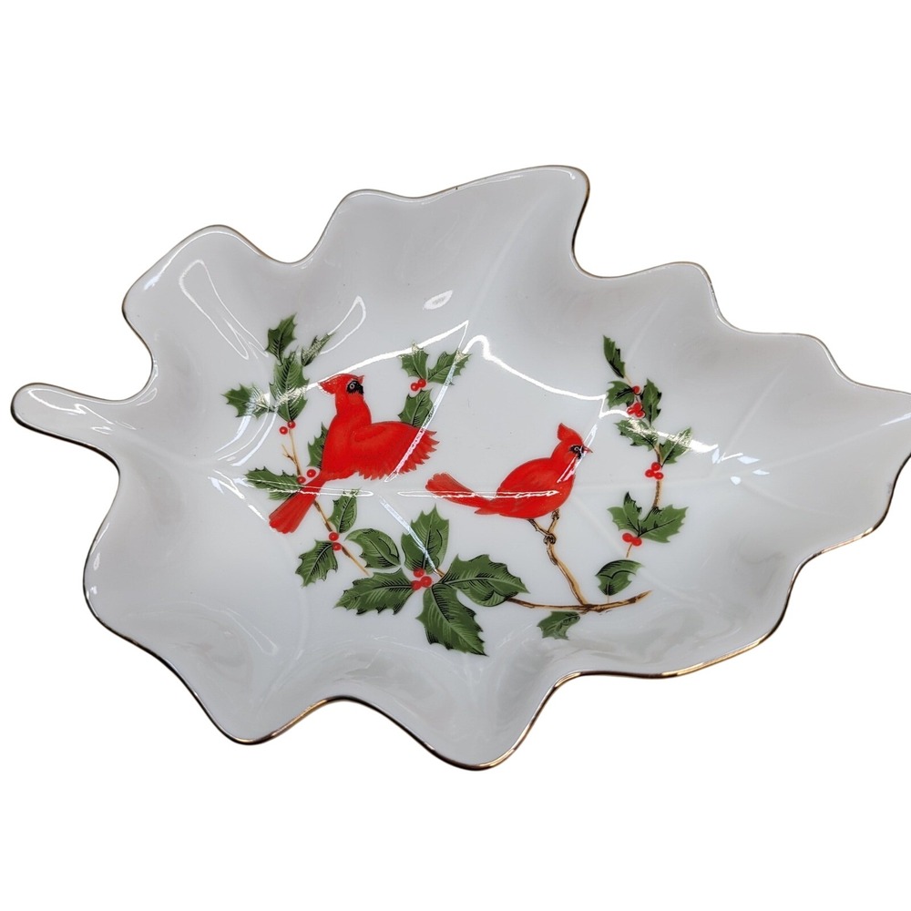 Lefton China Cardinal Leaf Trinket Dish White Red Christmas Holly 04541 1984